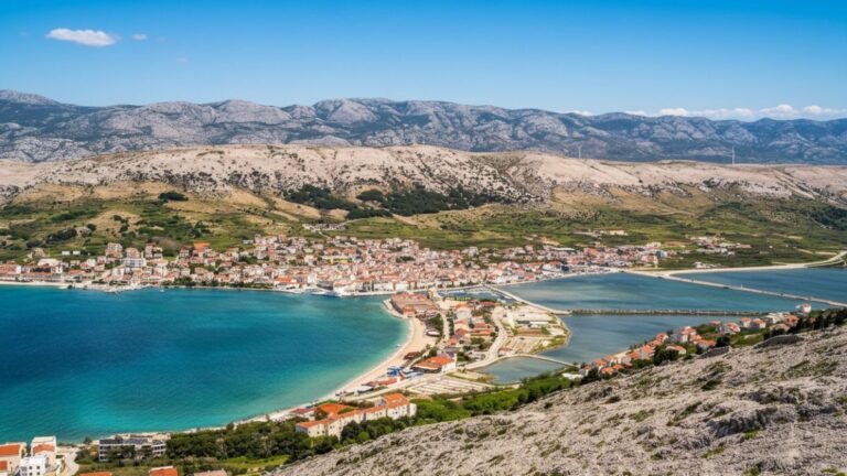 Blick auf die Stadt Pag auf der Insel Pag in Kroatien mit Bucht und Gebirge im Hintergrund